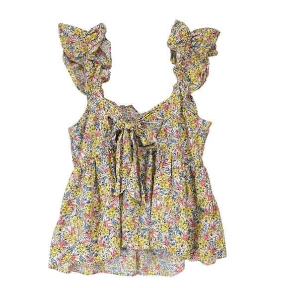 Umgee Liberty Floral Peplum Peasant Crop Tank Top Women's L Ruffle Strap Smocked - Picture 2 of 10